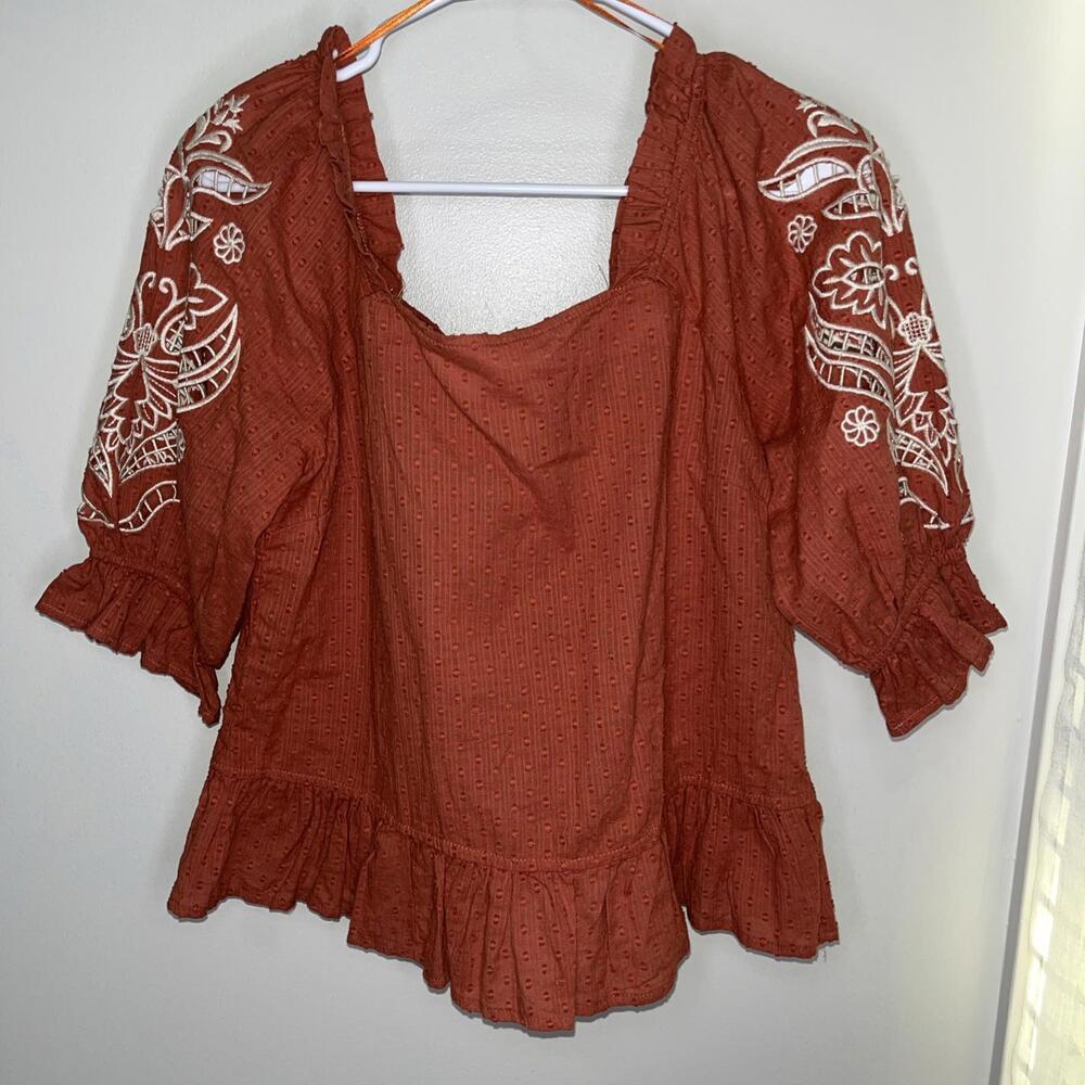 Solitaire Top Women Medium Orange Embroidered Button Back Boho Swiss Dot Ruffle